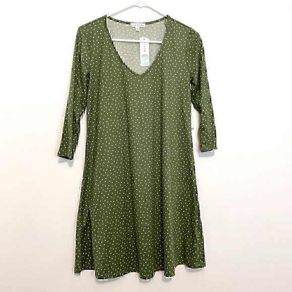 NEW NWT NINE BRITTON STITCH FIX Skylee Brushed Knit Dress Olive Green Polka Dot - Picture 2 of 12
